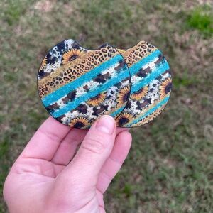 Western Sunflower Animal Print Pop Art Coaster Set | Car Accessories